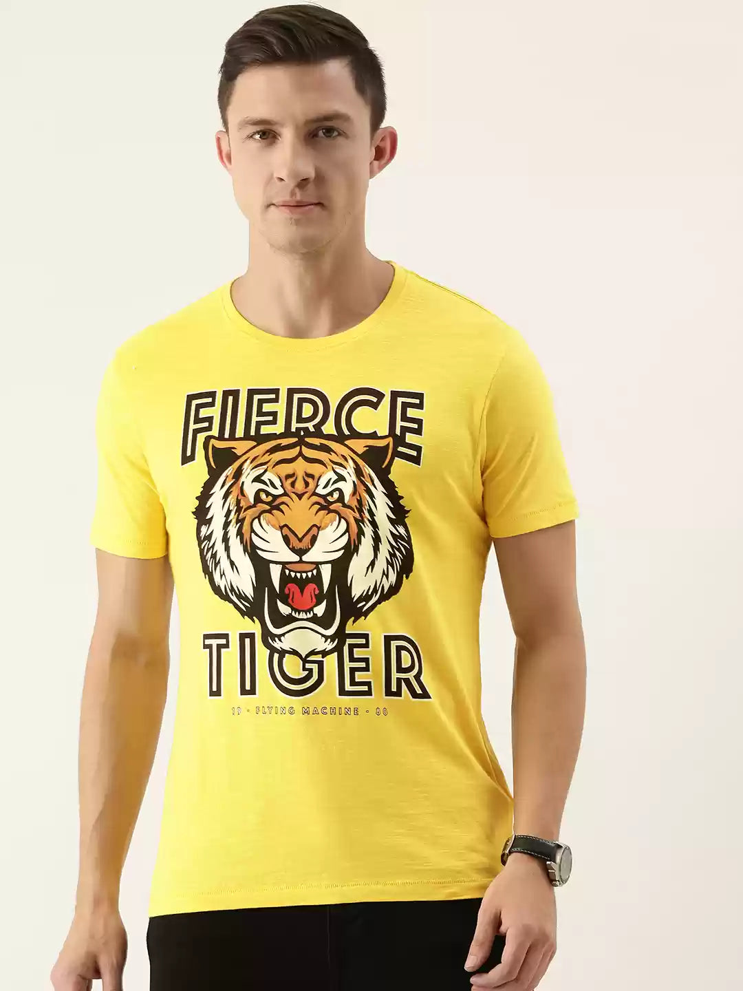 Men Yellow & Black Typography Printed Slim Fit Pure Cotton T-shirt by Flying Machine