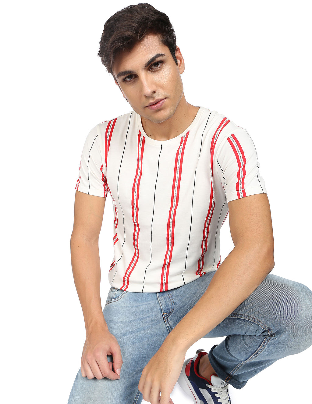 Crew Neck Vertical Strip Cotton T-shirt by Flying Machine