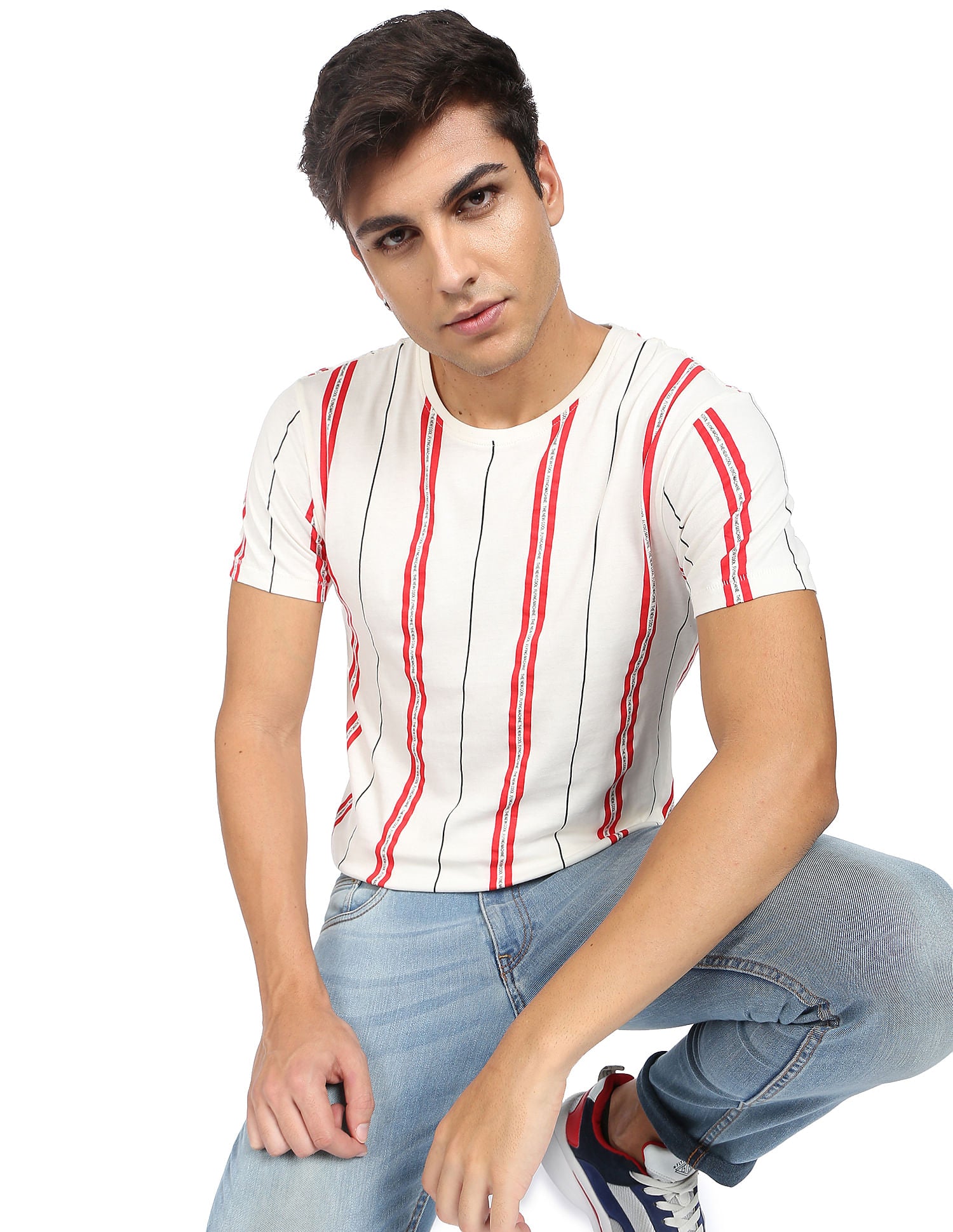 Crew Neck Vertical Strip Cotton T-shirt by Flying Machine
