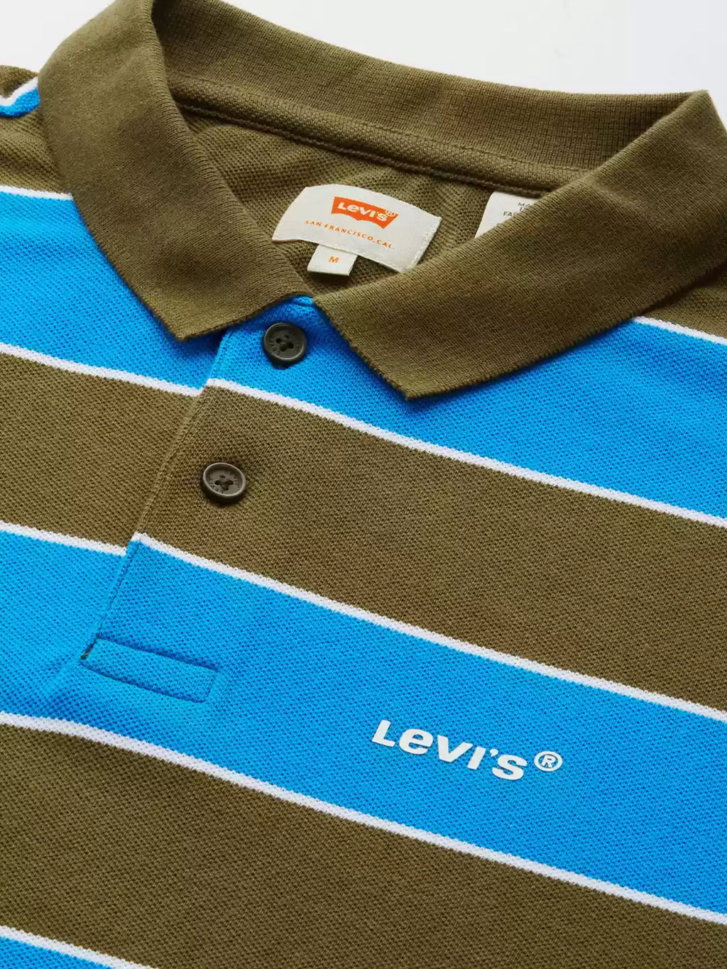 Levi's Men Blue and Olive Green Striped Polo Collar Pure Cotton T-shirt