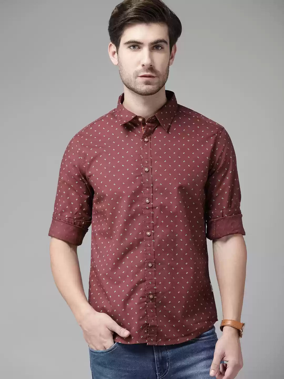 BEAT LONDON by PEPE JEANS Men maroon and white fit pure cotton printed shirt