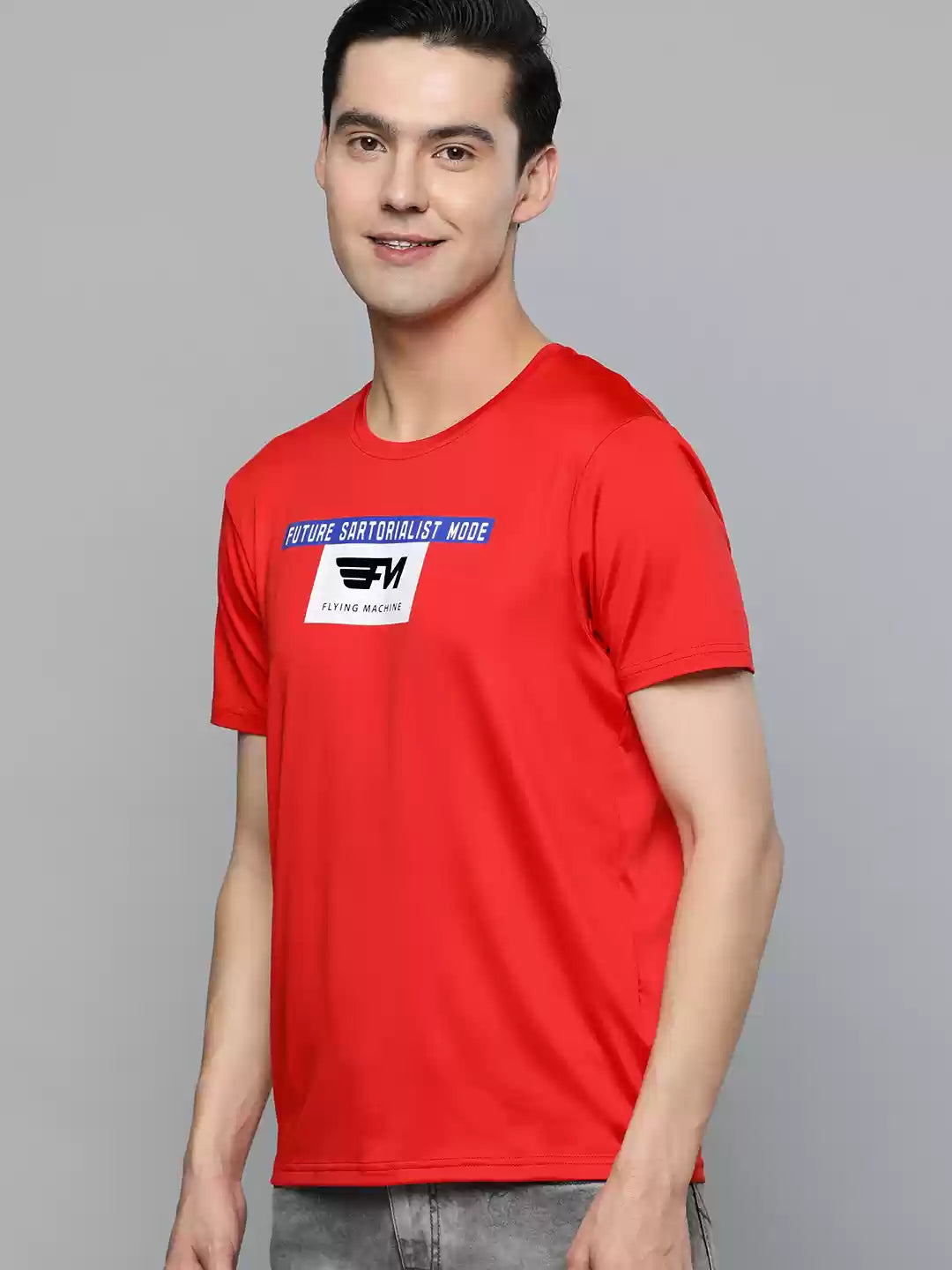 Men Red Brand Logo Printed Pure Cotton Slim Fit T-shirt by Flying Machine