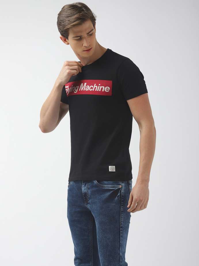 Men printed round neck pure cotton black t-shirt by Flying Machine