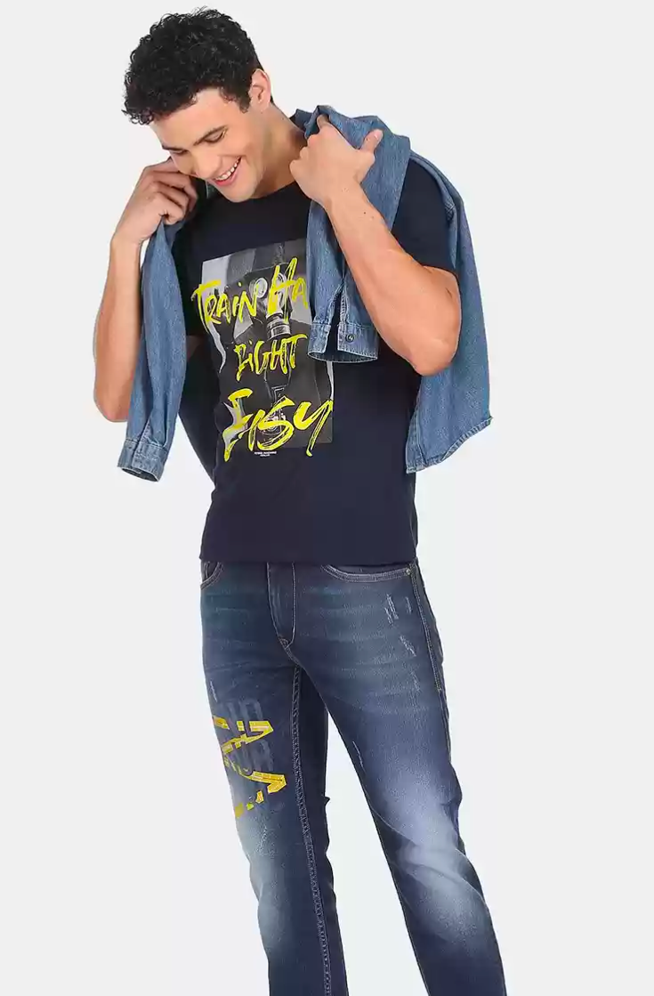 Flying Machine|blue & Yellow printed T-shirt