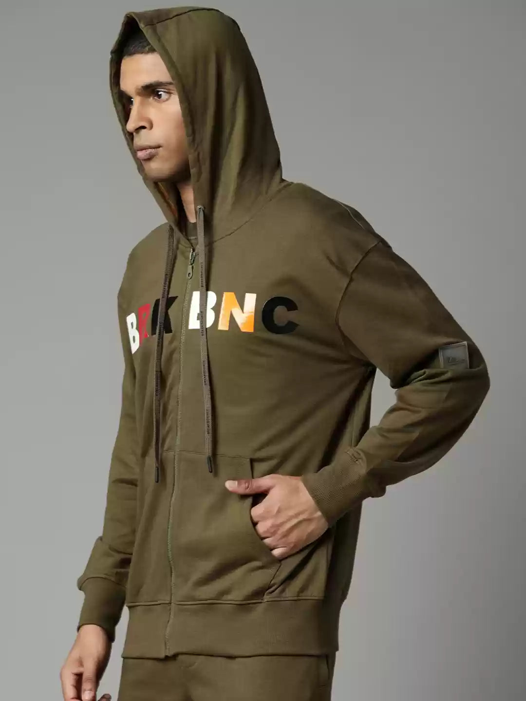 Men Olive Green Printed Hooded Pure Cotton Sweatshirt by BREAK BOUNCE