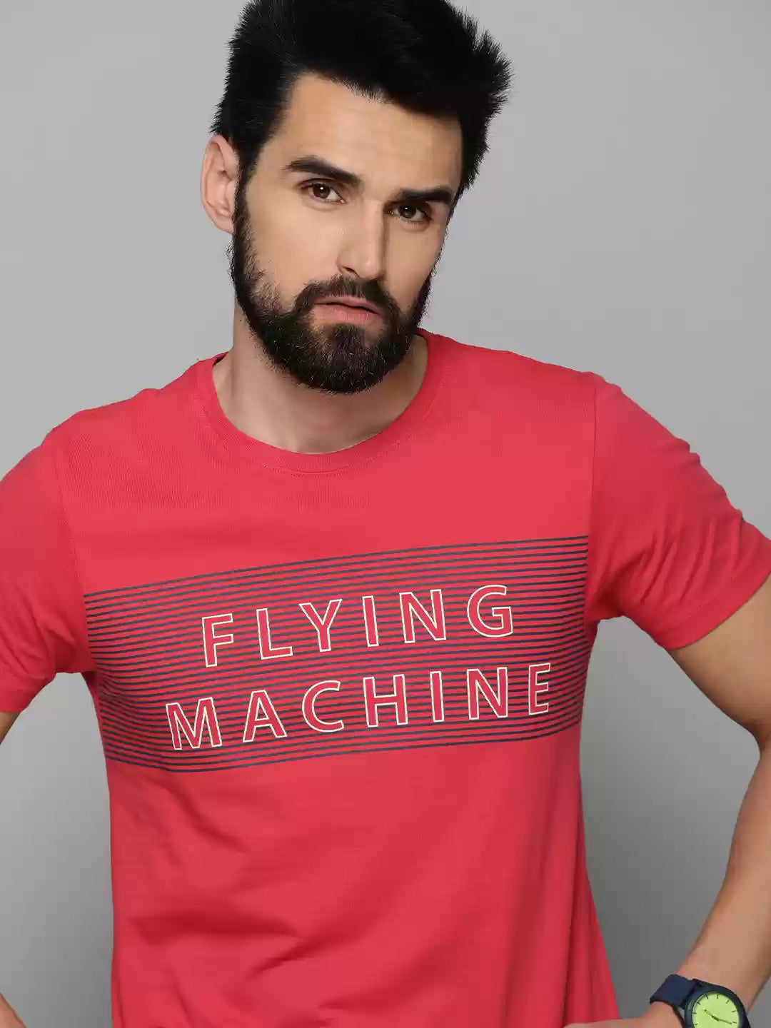 Men Red Brand Logo Printed Pure Cotton T-shirt by Flying Machine