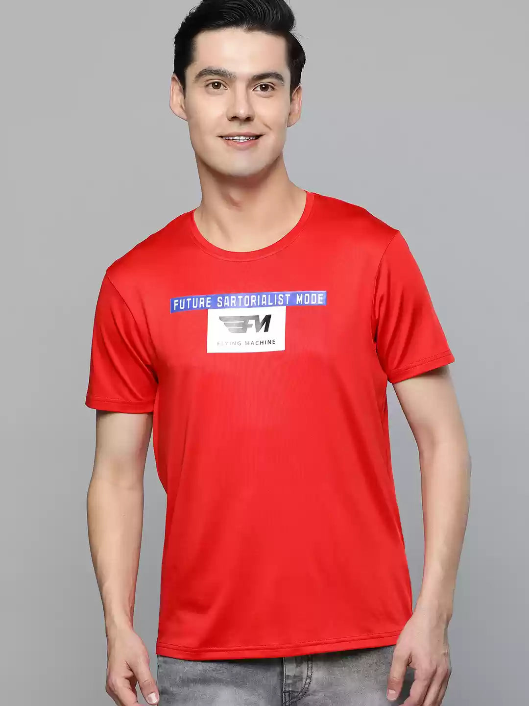Men Red Brand Logo Printed Pure Cotton Slim Fit T-shirt by Flying Machine