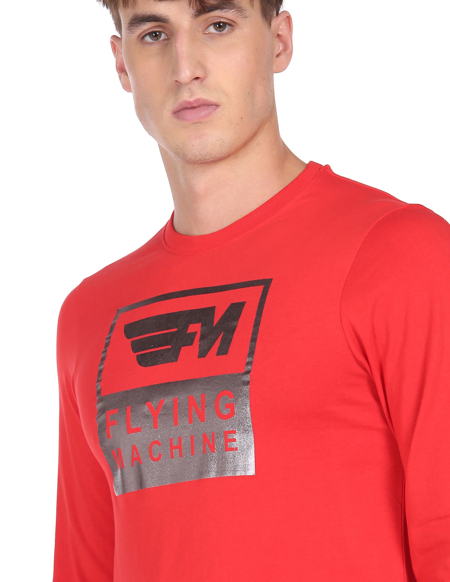 Long Sleeve Brand Print Cotton T-shirt by Flying Machine