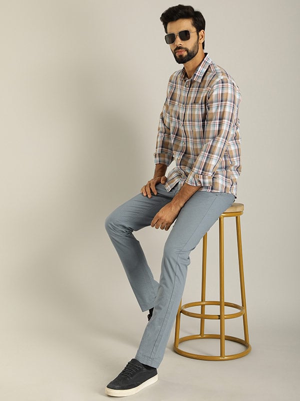 Men Checked Full Sleeve Linen Blend Shirt by Indian Terrain