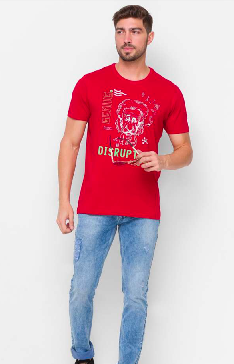 Typographic men slim fit red t-shirt by Spykar