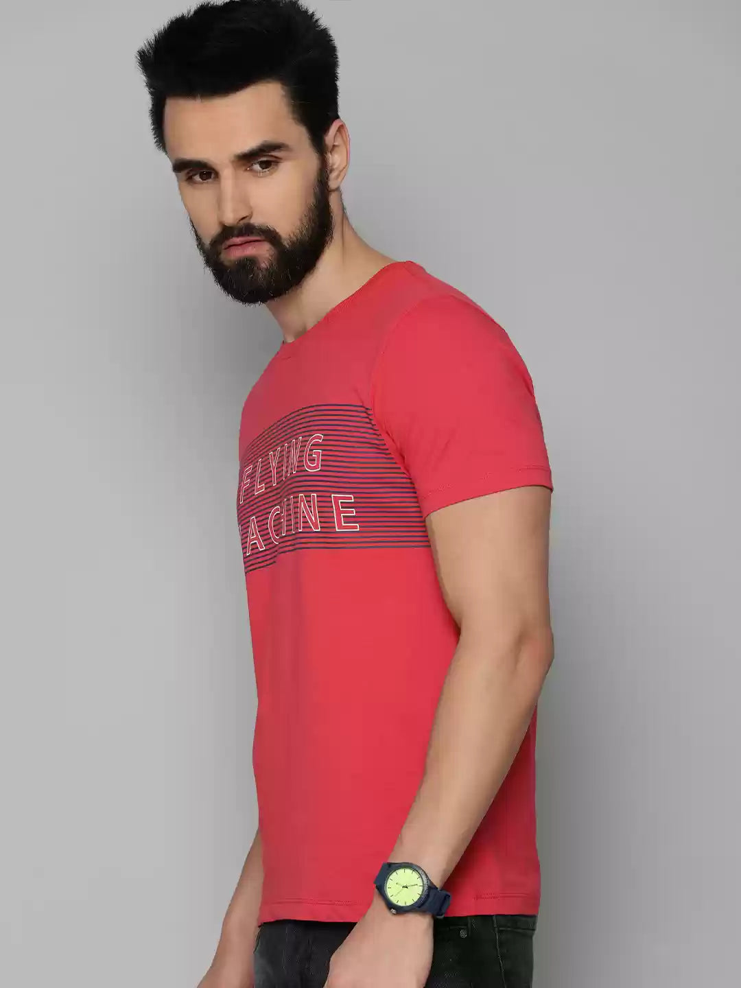 Men Red Brand Logo Printed Pure Cotton T-shirt by Flying Machine